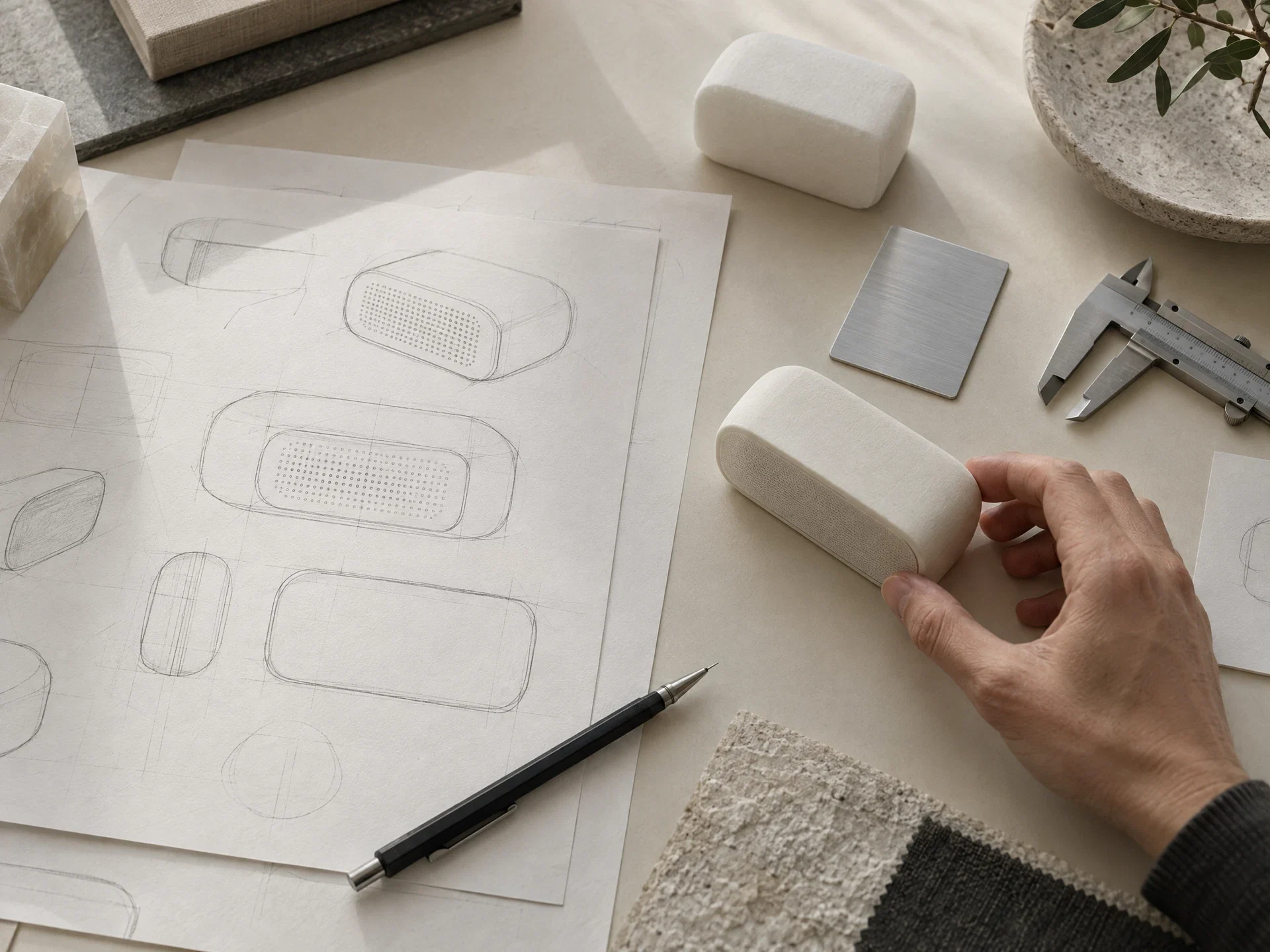 Conceptual design photograph: sketches, a prototype, an aluminum sample and a measuring tool