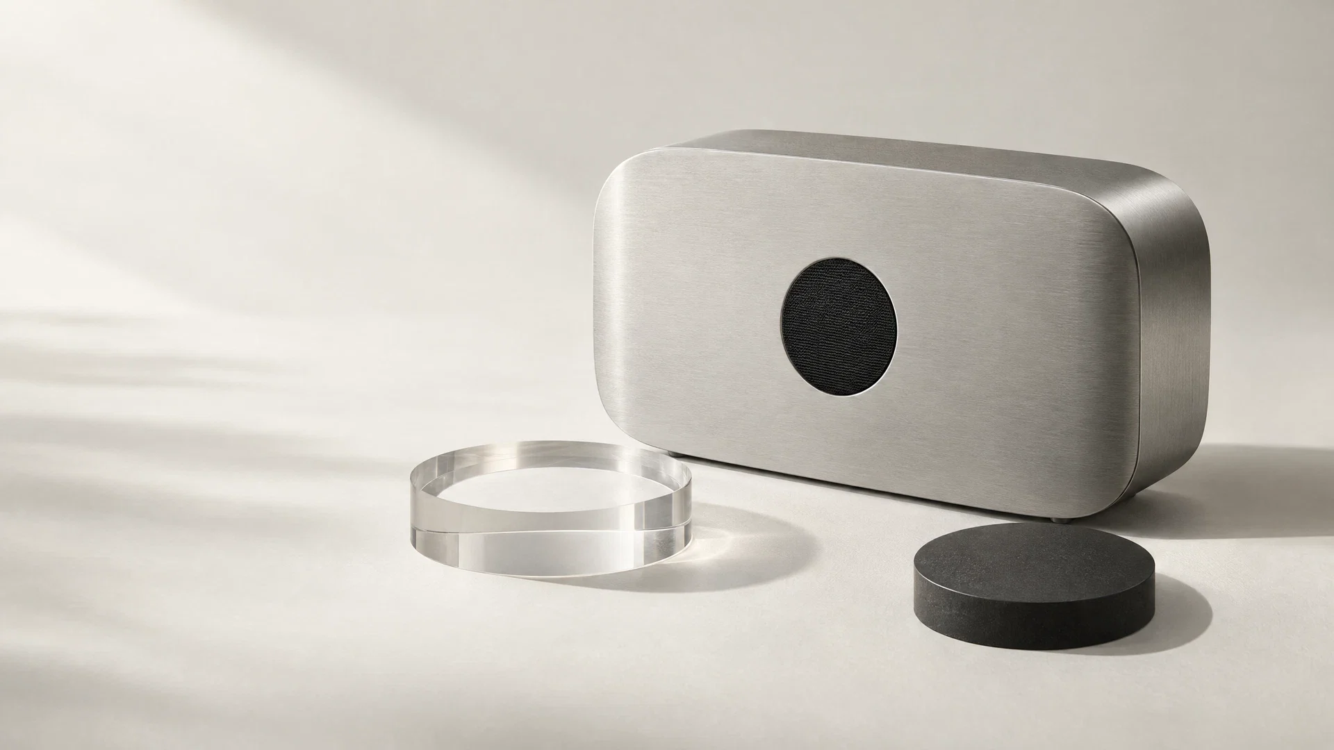 Conceptual product still life: an aluminum prototype, a clear acrylic ring and a material sample