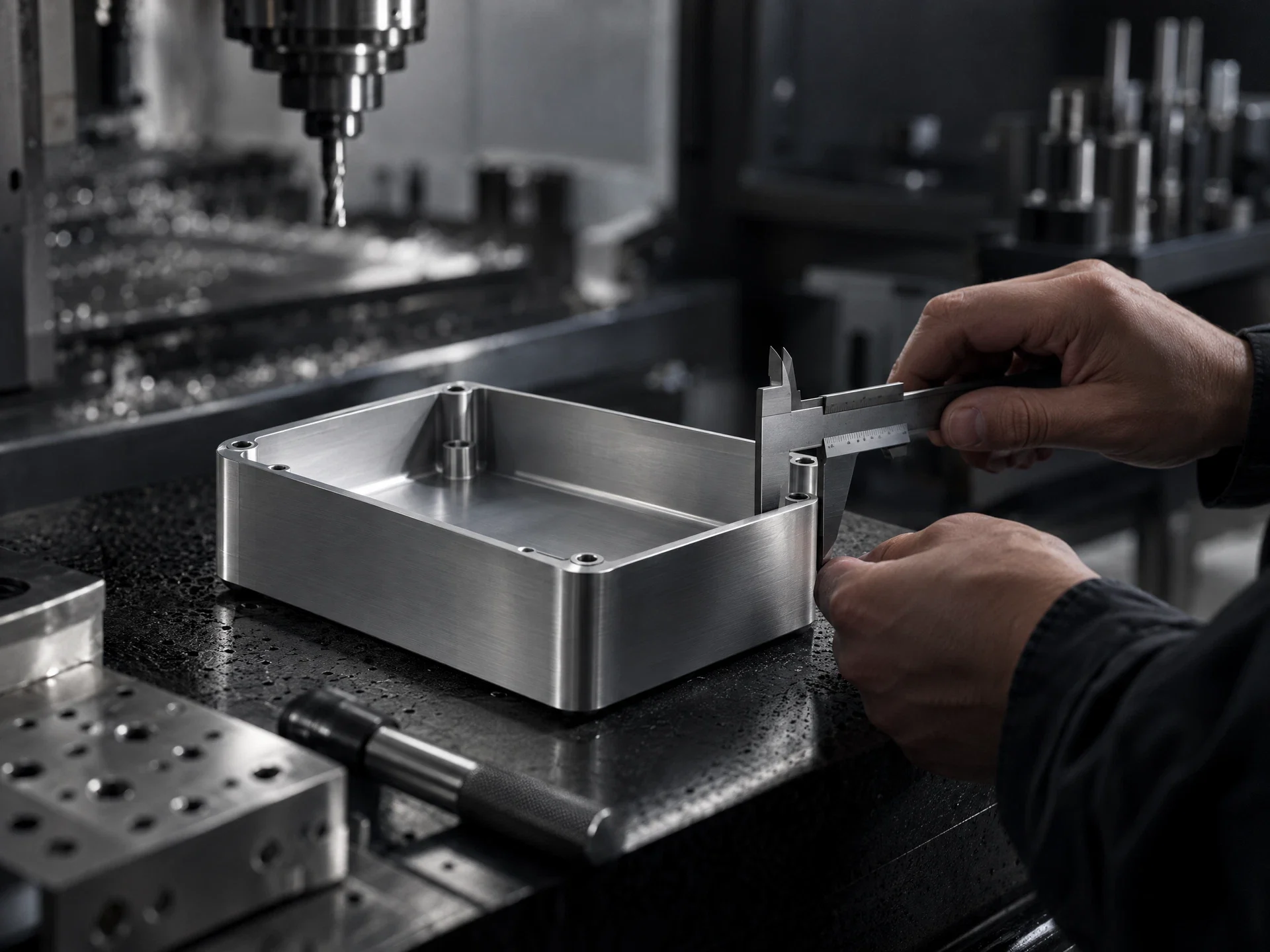 Conceptual manufacturing photograph: an aluminum enclosure being measured with a precision caliper